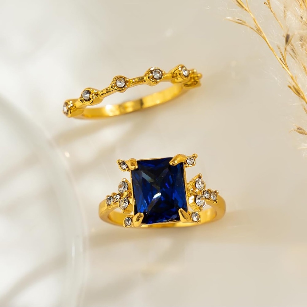Elegant Gold and Blue Square Gemstone Ring Set